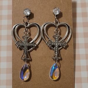 Silver Heart & Cross Drop Earrings with Iridescent Teardrop
